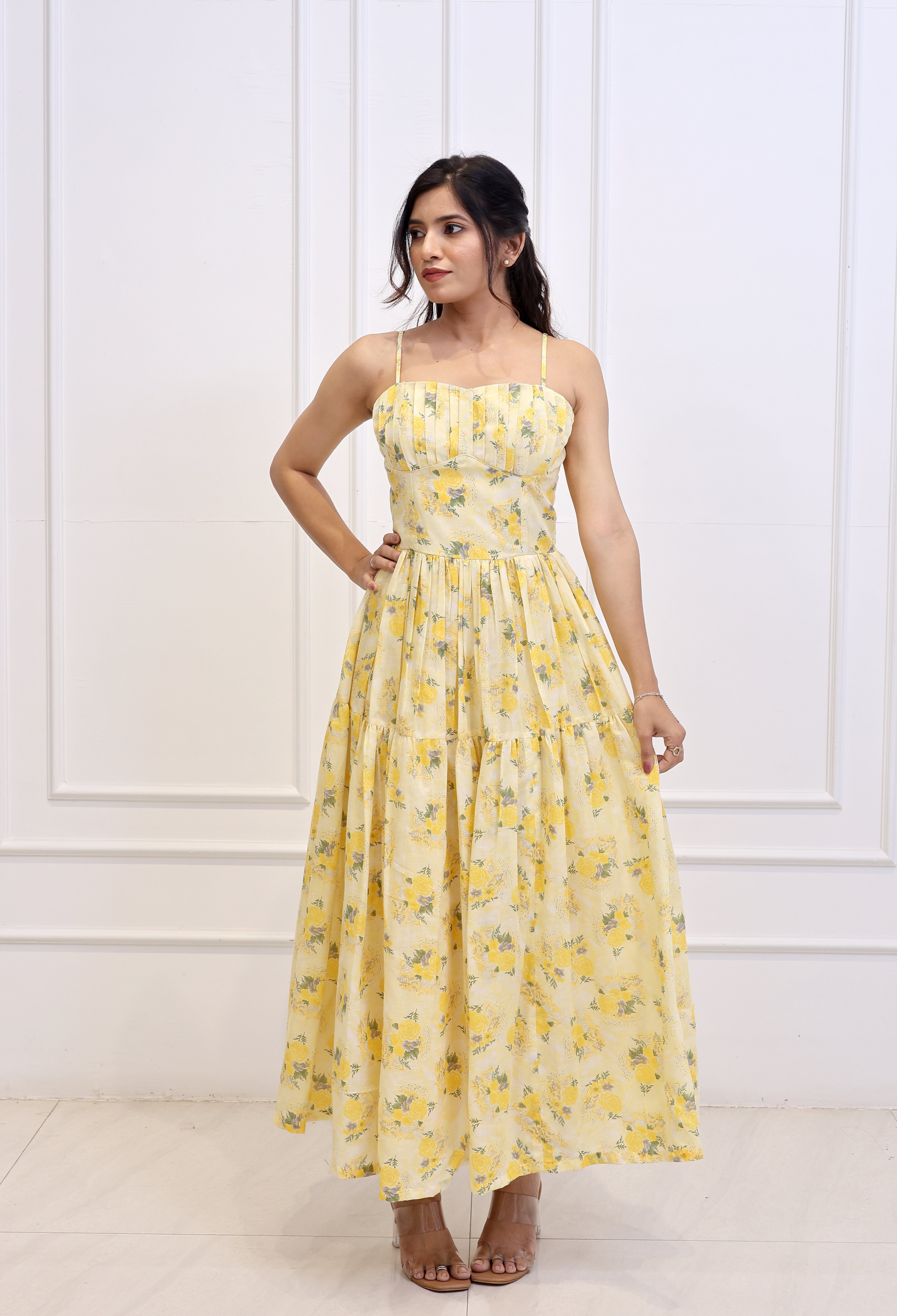 Zinia – Yellow Corset Tiered Maxi Dress