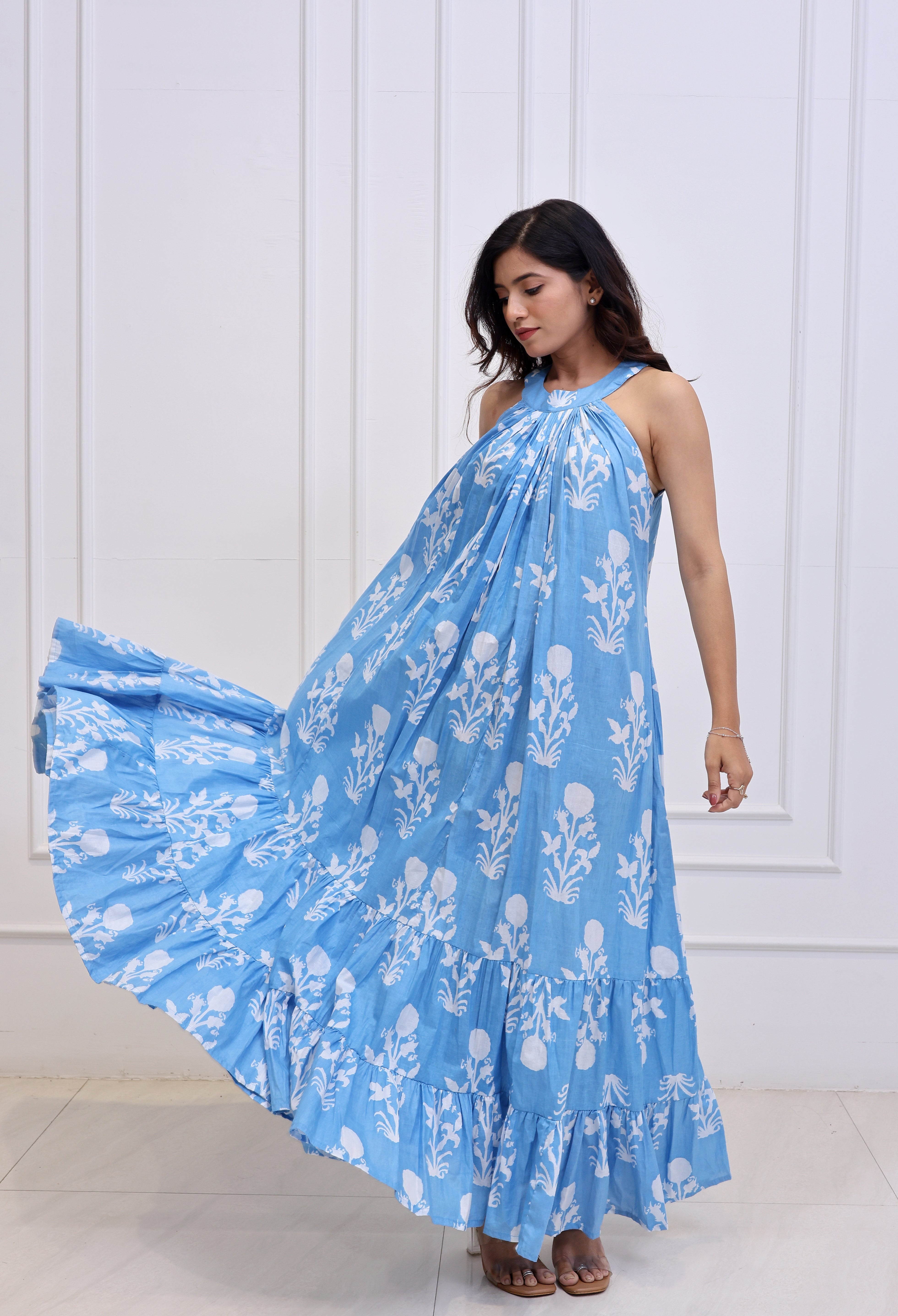 Bella - Floral Blue Halterneck Maxi Dress