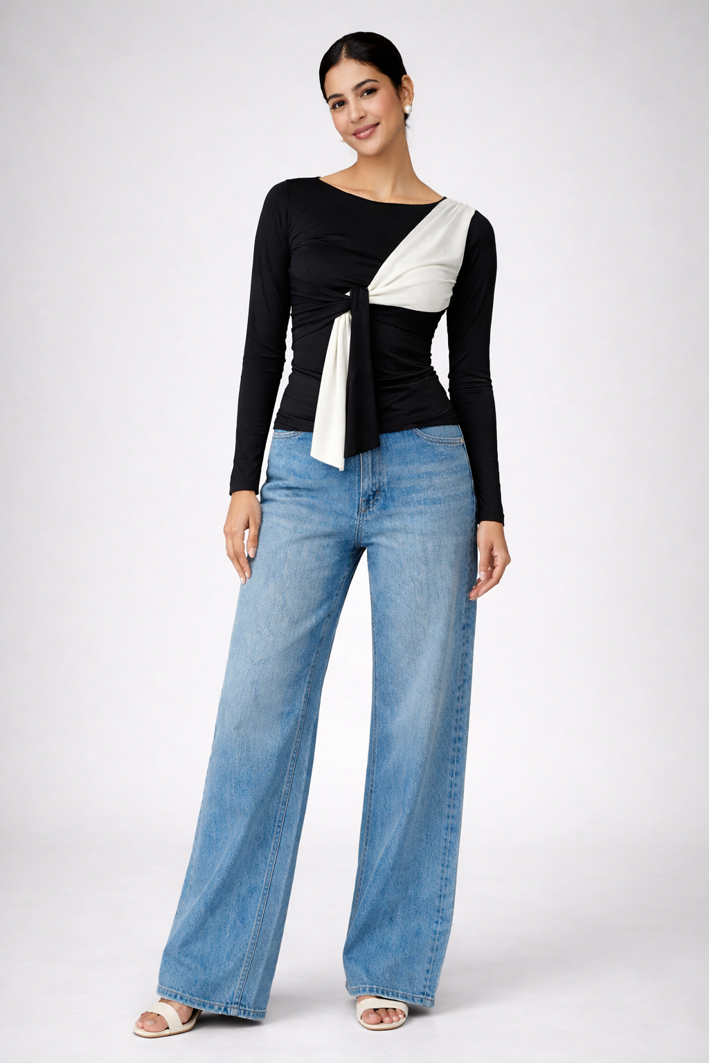 Colour Block Black and White Full Sleeves Top