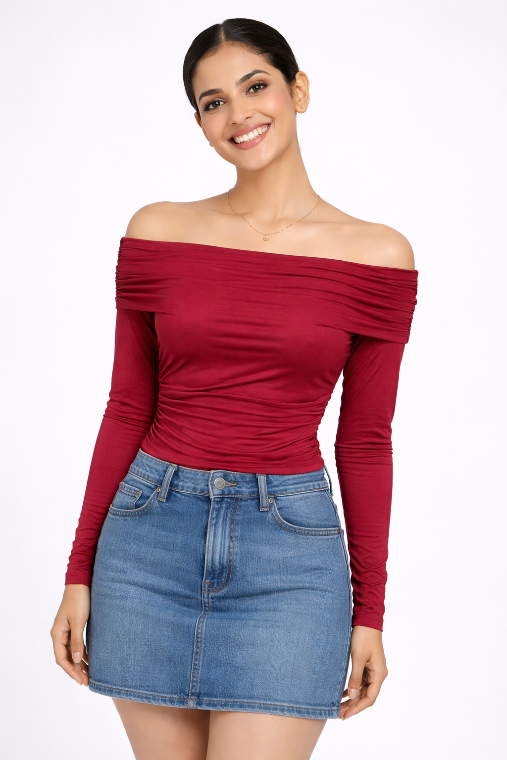 Off Shoulder Ruched Long Sleeves Fitted Top