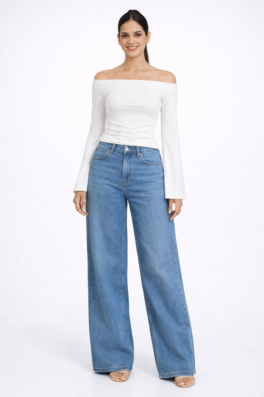 Boat Neck Ruched Shoulders Bell Sleeves Top