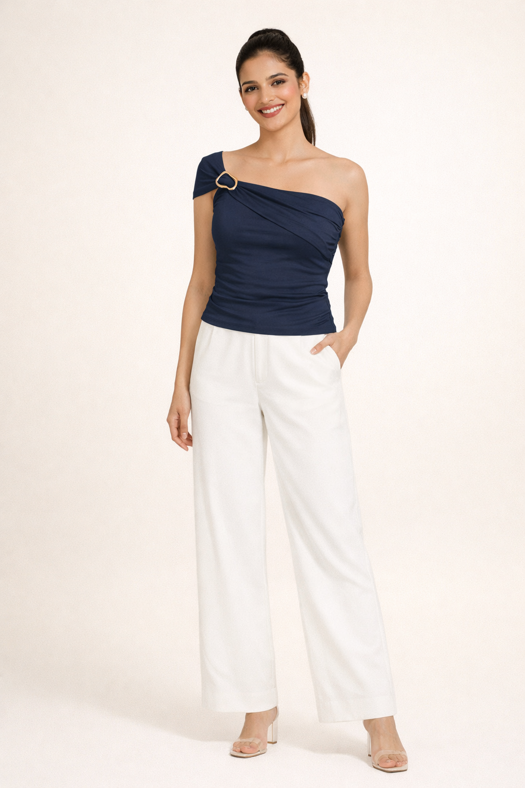 One Shoulder Drape Buckle Top - Blue