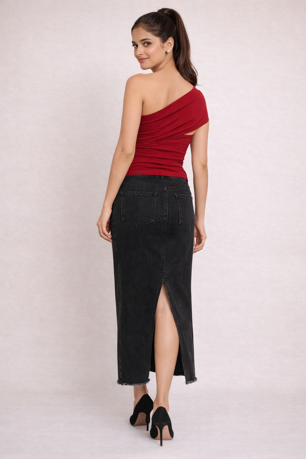 One Shoulder Drape Buckle Top - Wine Red