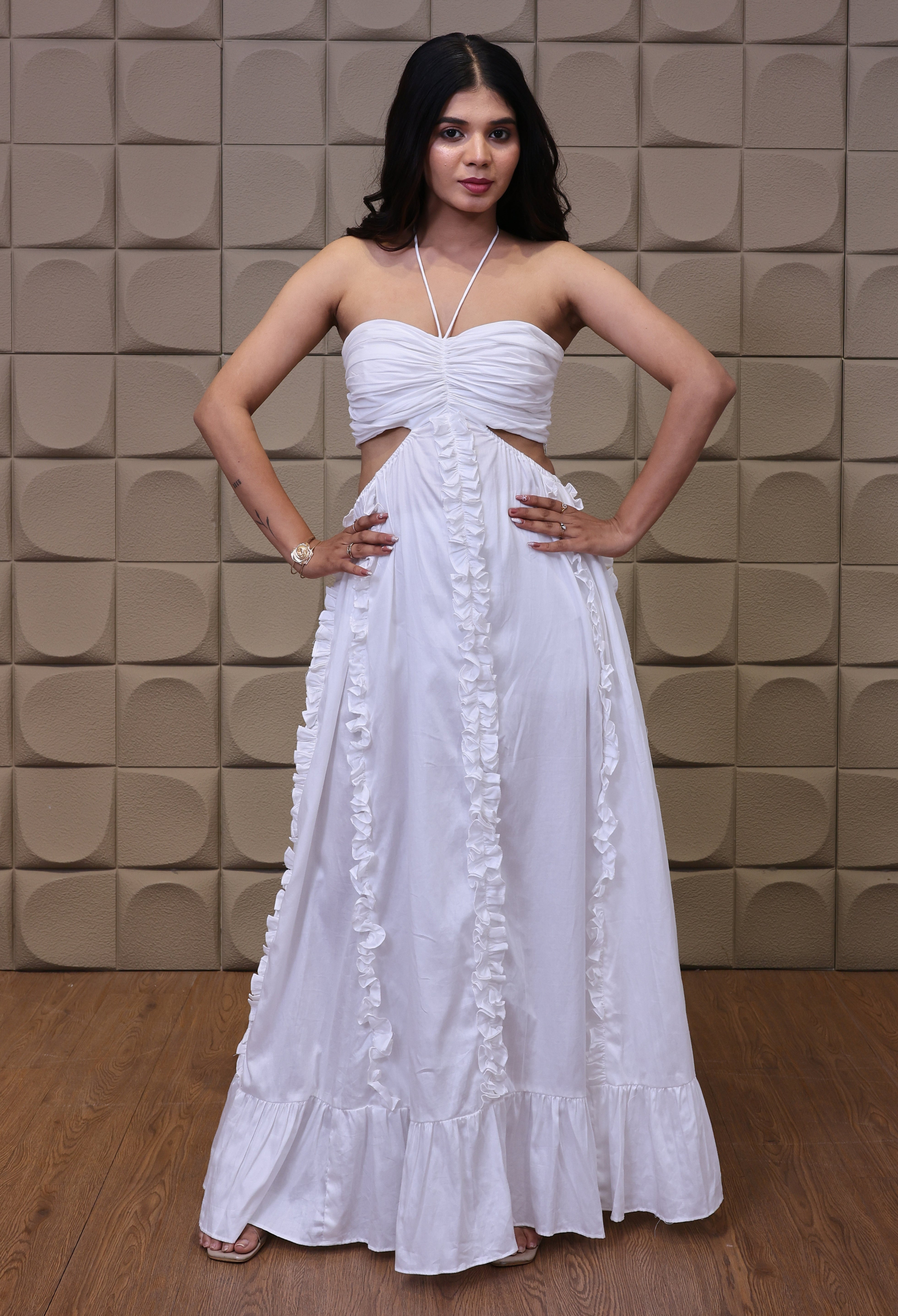 Avira - White Frill Maxi Dress