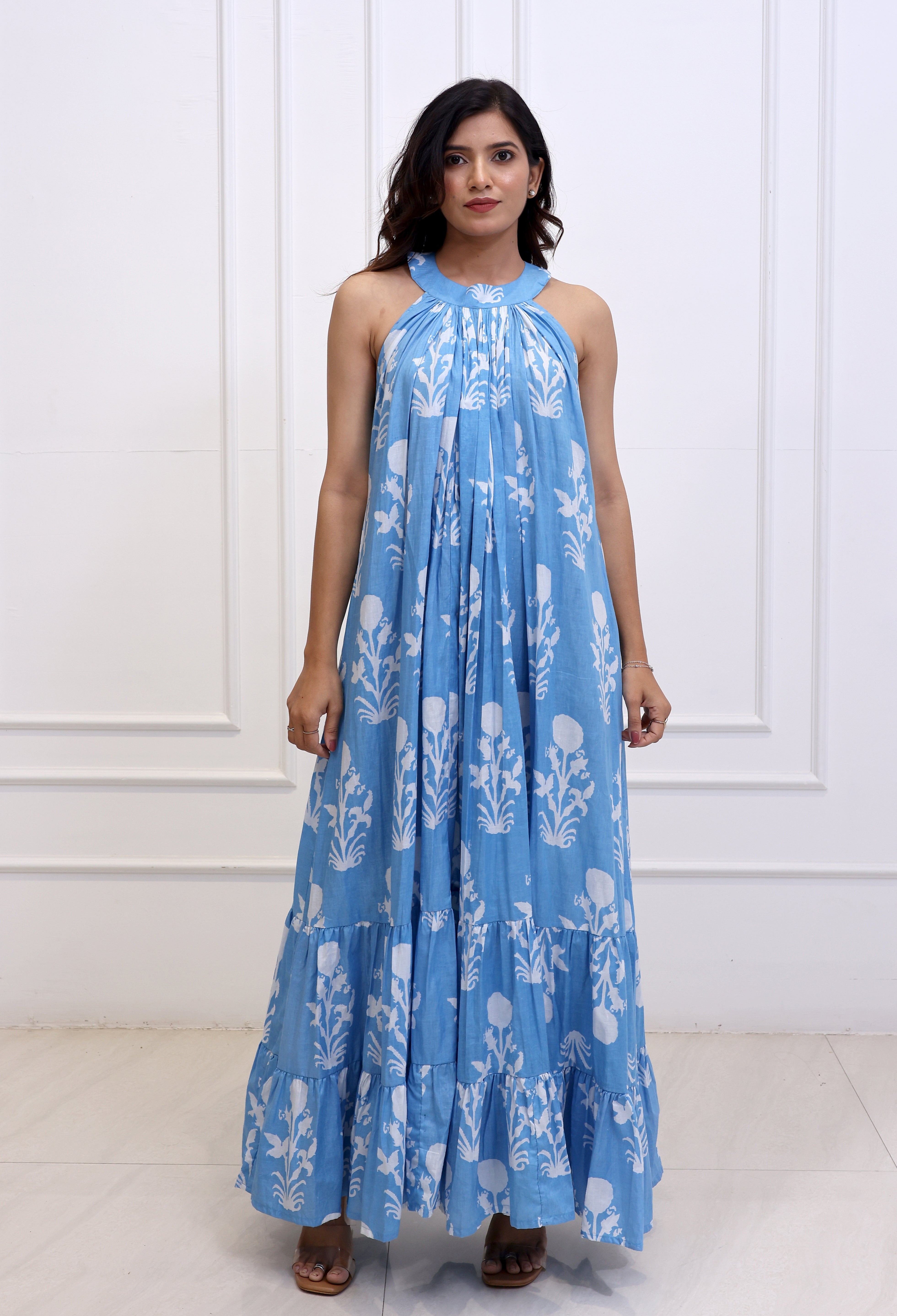 Bella - Floral Blue Halterneck Maxi Dress
