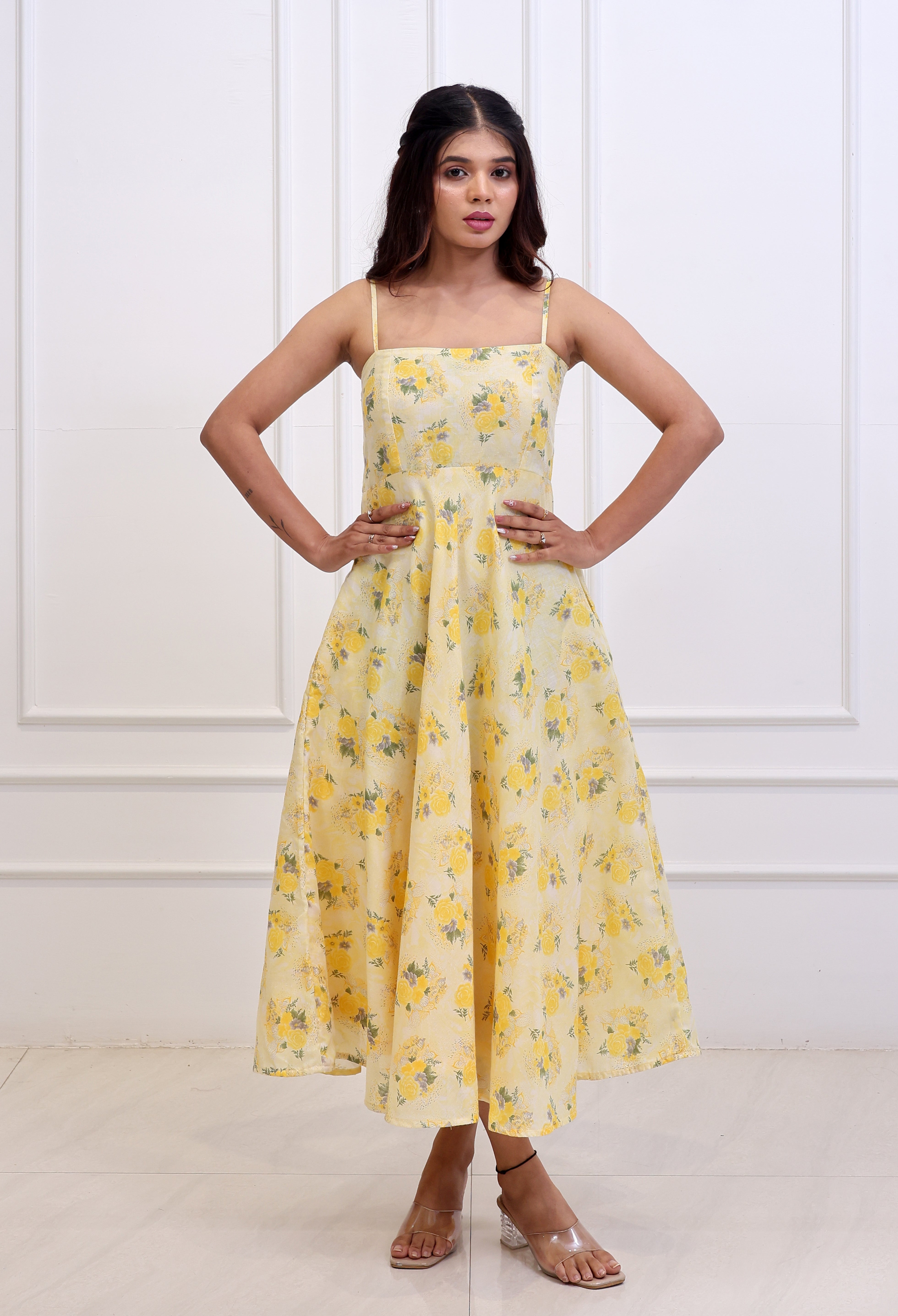 Orlina – Yellow Floral Midi Dress