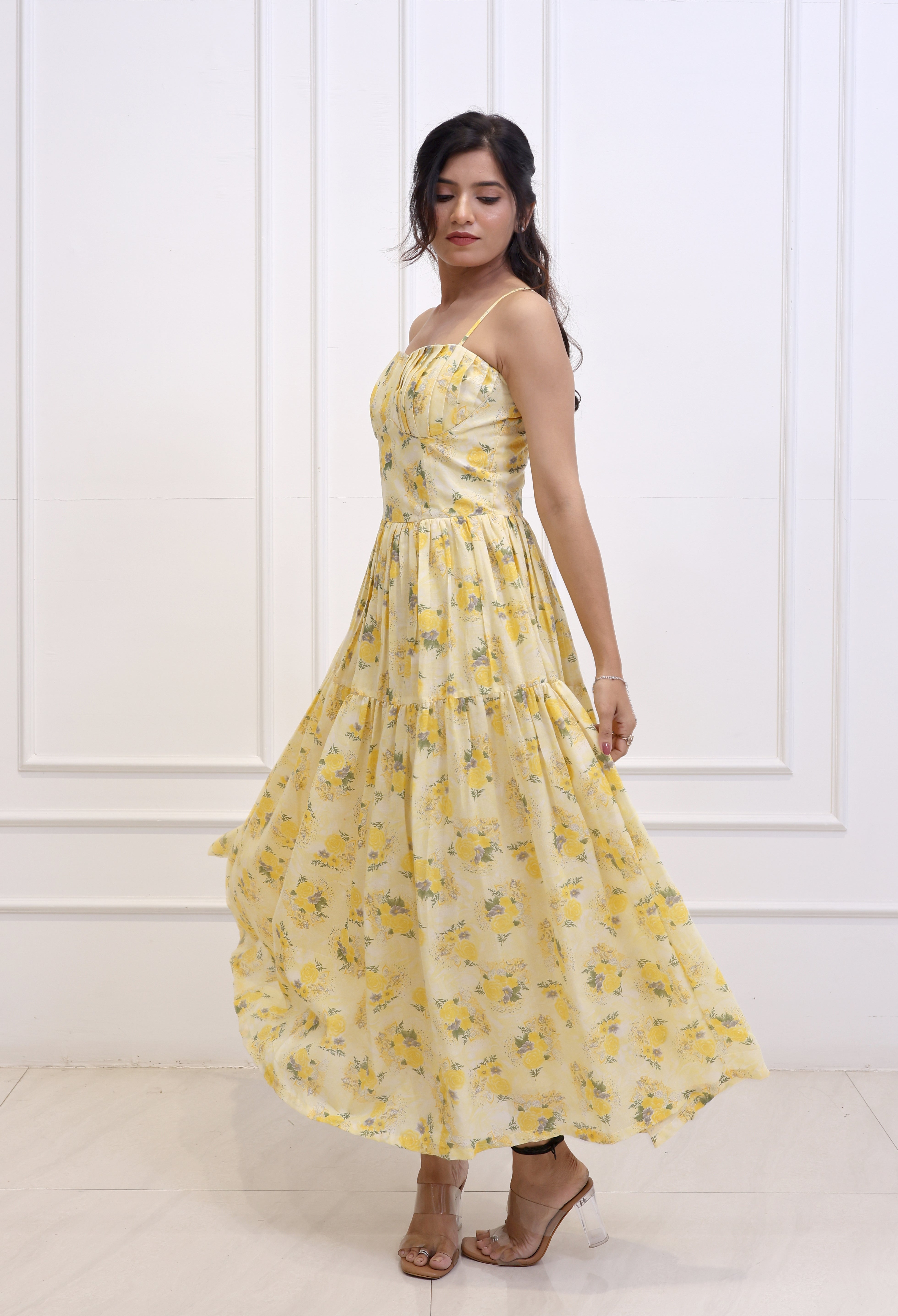 Zinia – Yellow Corset Tiered Maxi Dress