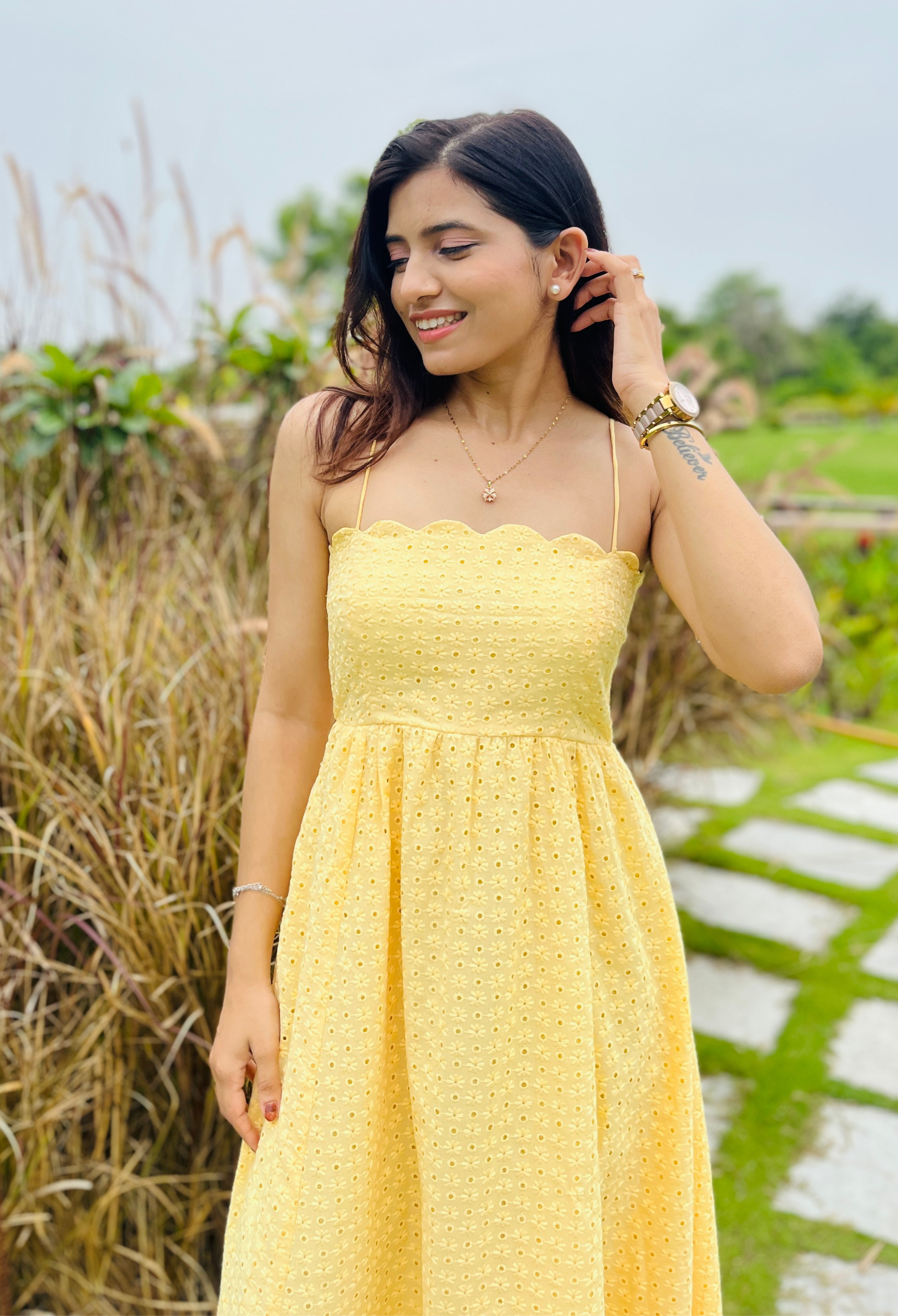 Nora - Yellow Scalloped Fit and Flare Dress Ritara by Roshni Nora - Yellow Scalloped Fit and Flare Dress Ritara by Roshni