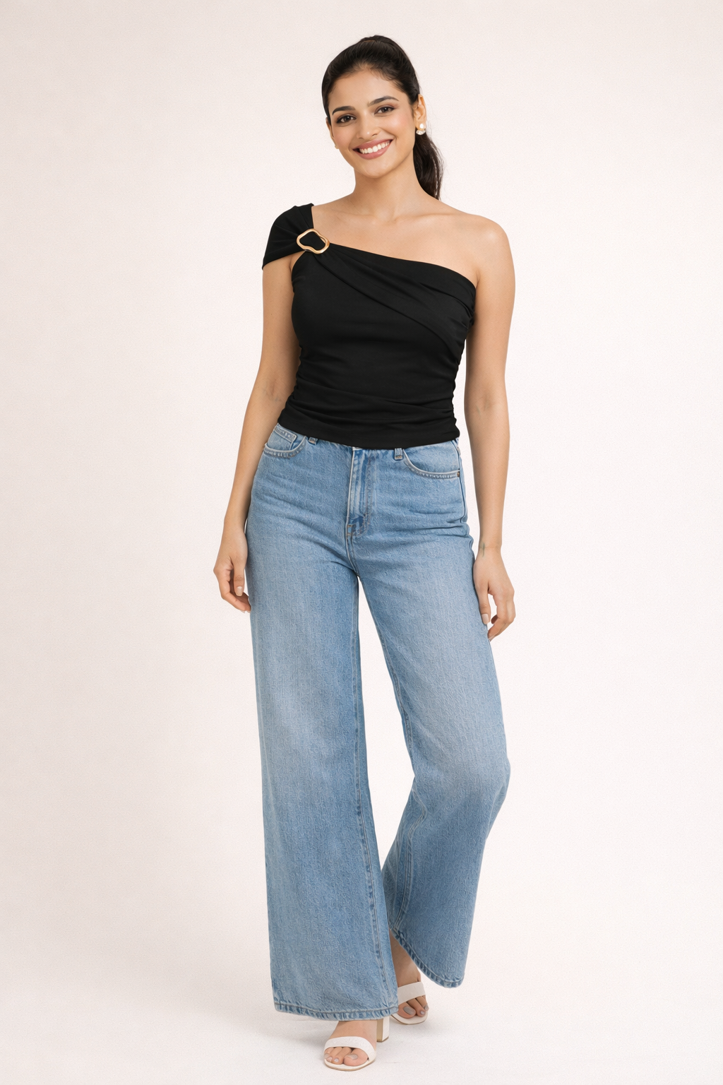 One Shoulder Drape Buckle Top - Black