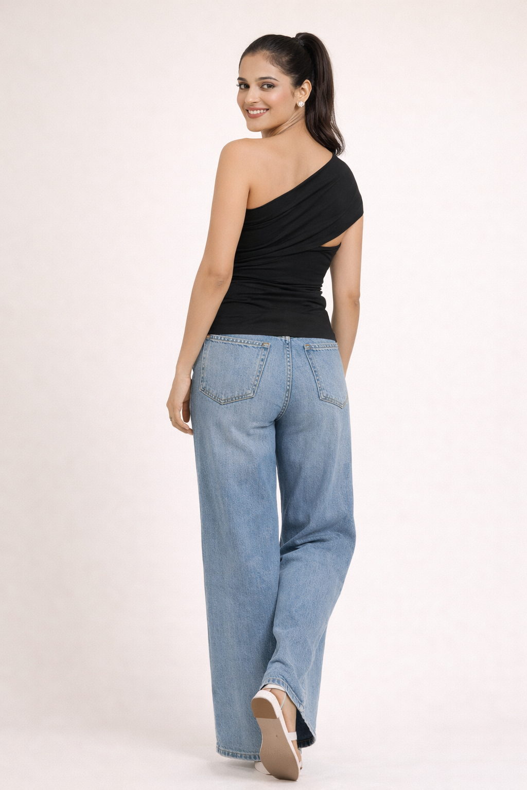 One Shoulder Drape Buckle Top - Black