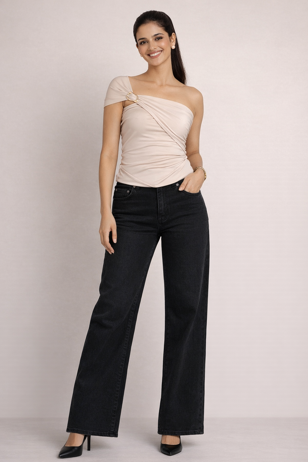 One Shoulder Drape Buckle Top - Skin Colour