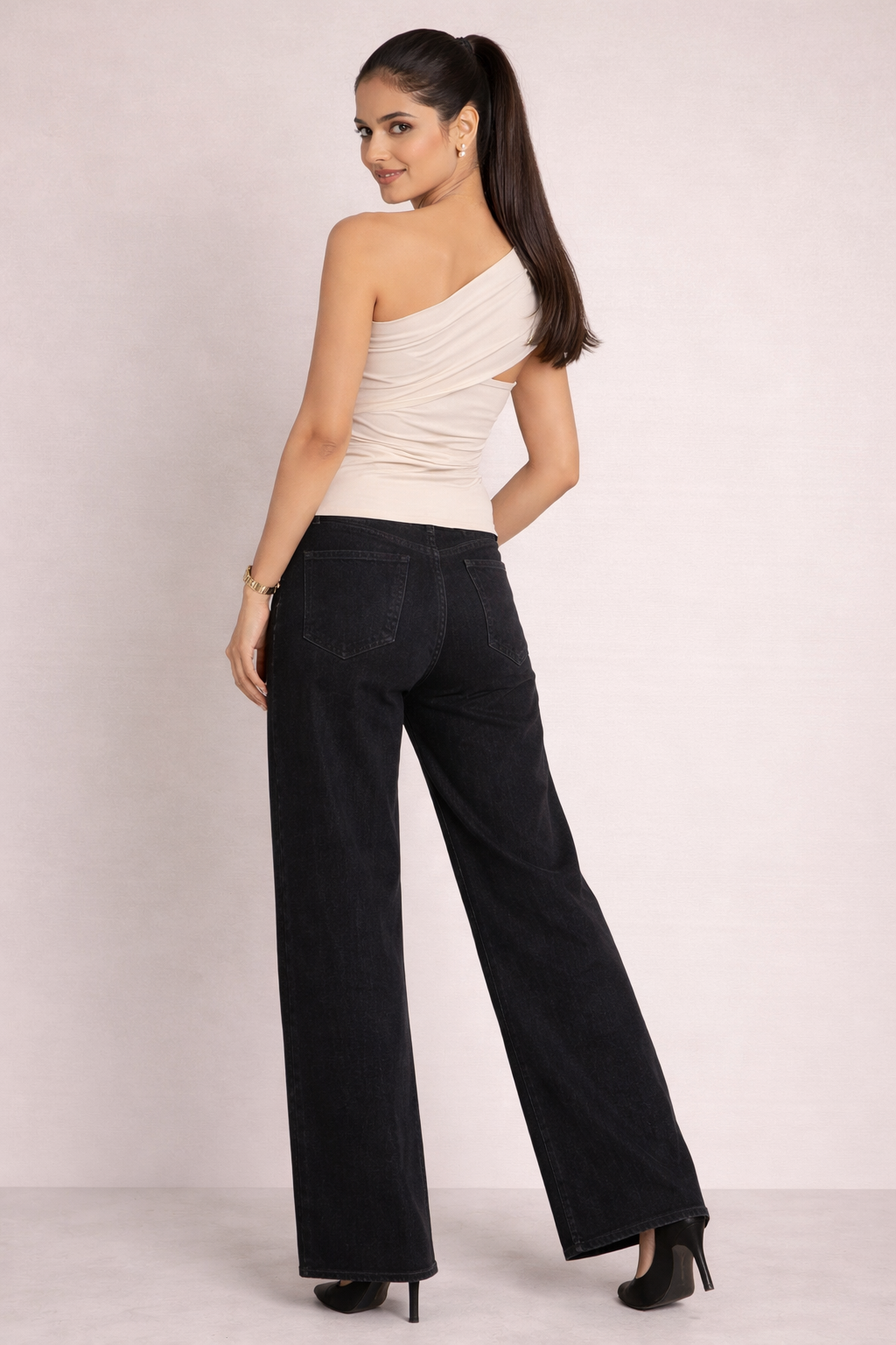 One Shoulder Drape Buckle Top - Skin Colour
