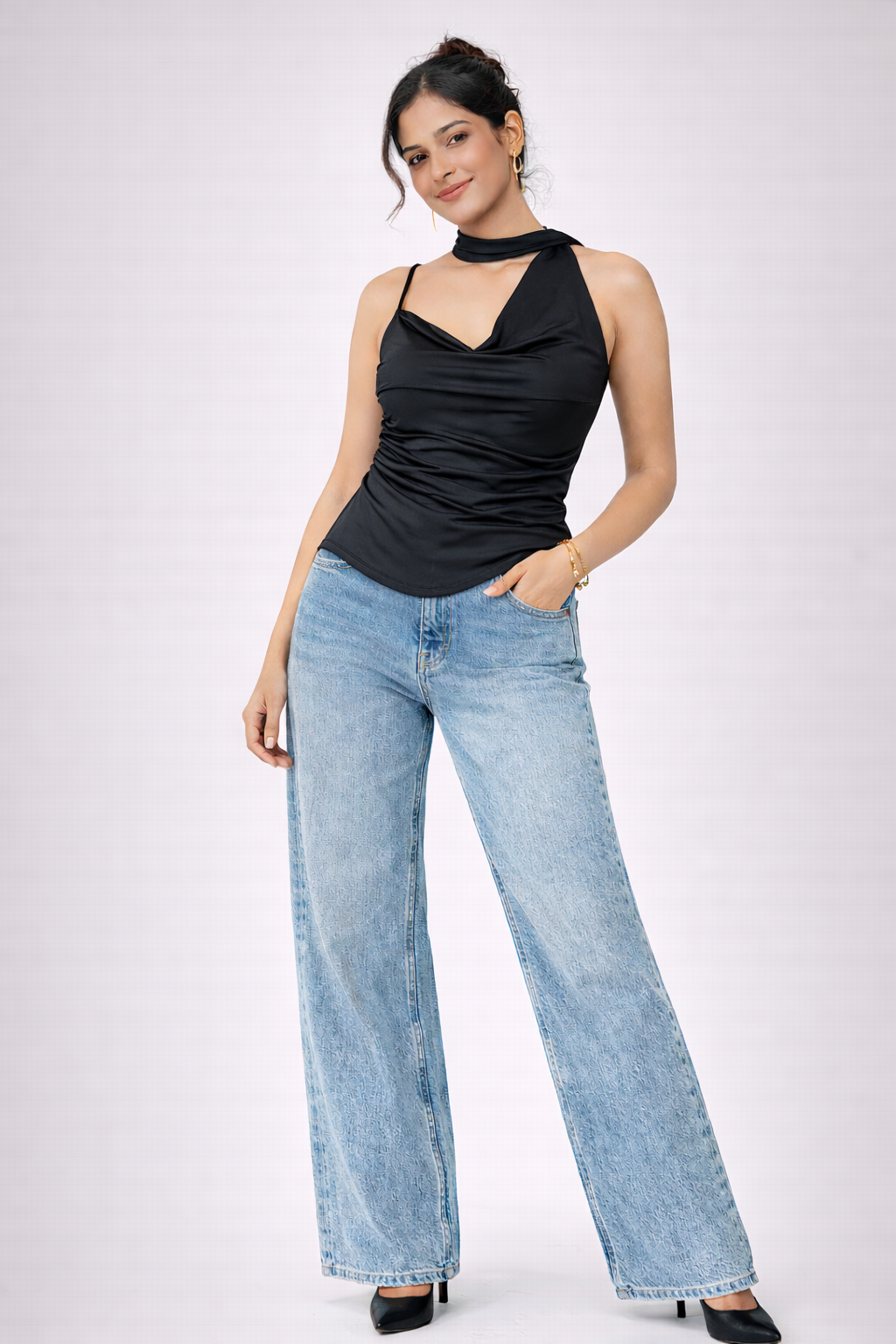 Black Solid Colour Asymmetric Neck with Scarf Top