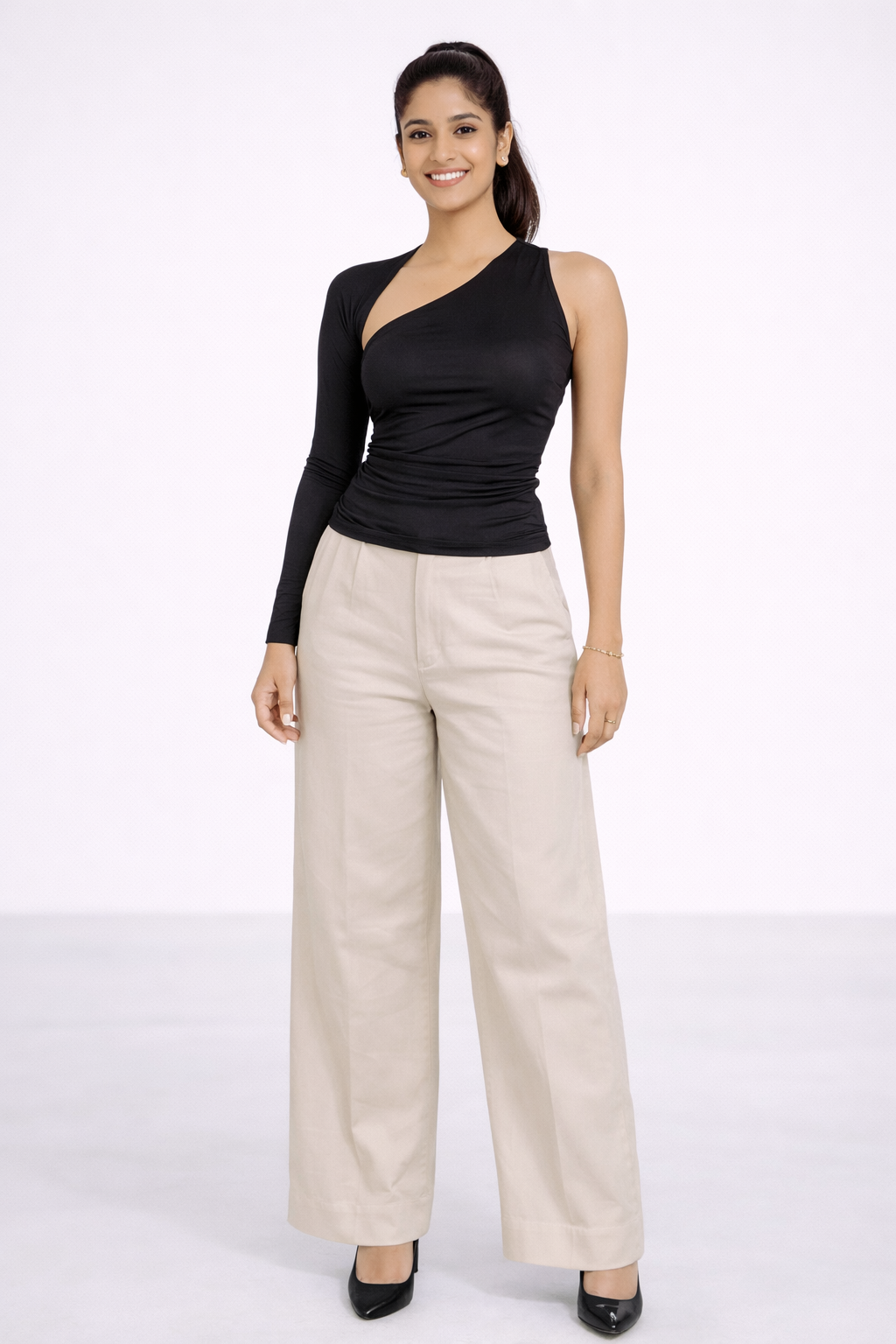 Black One Shoulder Full Sleeves Top