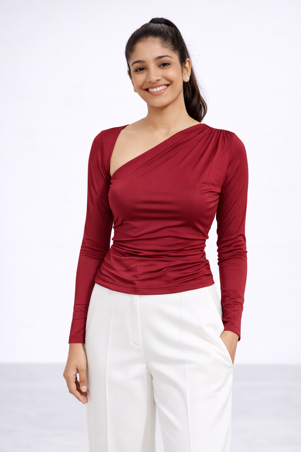 Solid Colour Asymmetric Neck Fitted Top