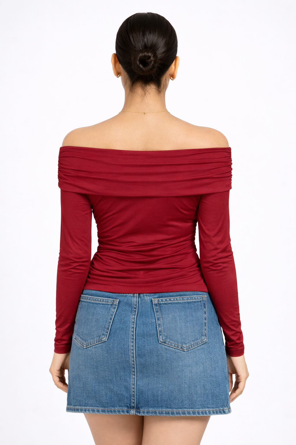 Off Shoulder Ruched Long Sleeves Fitted Top