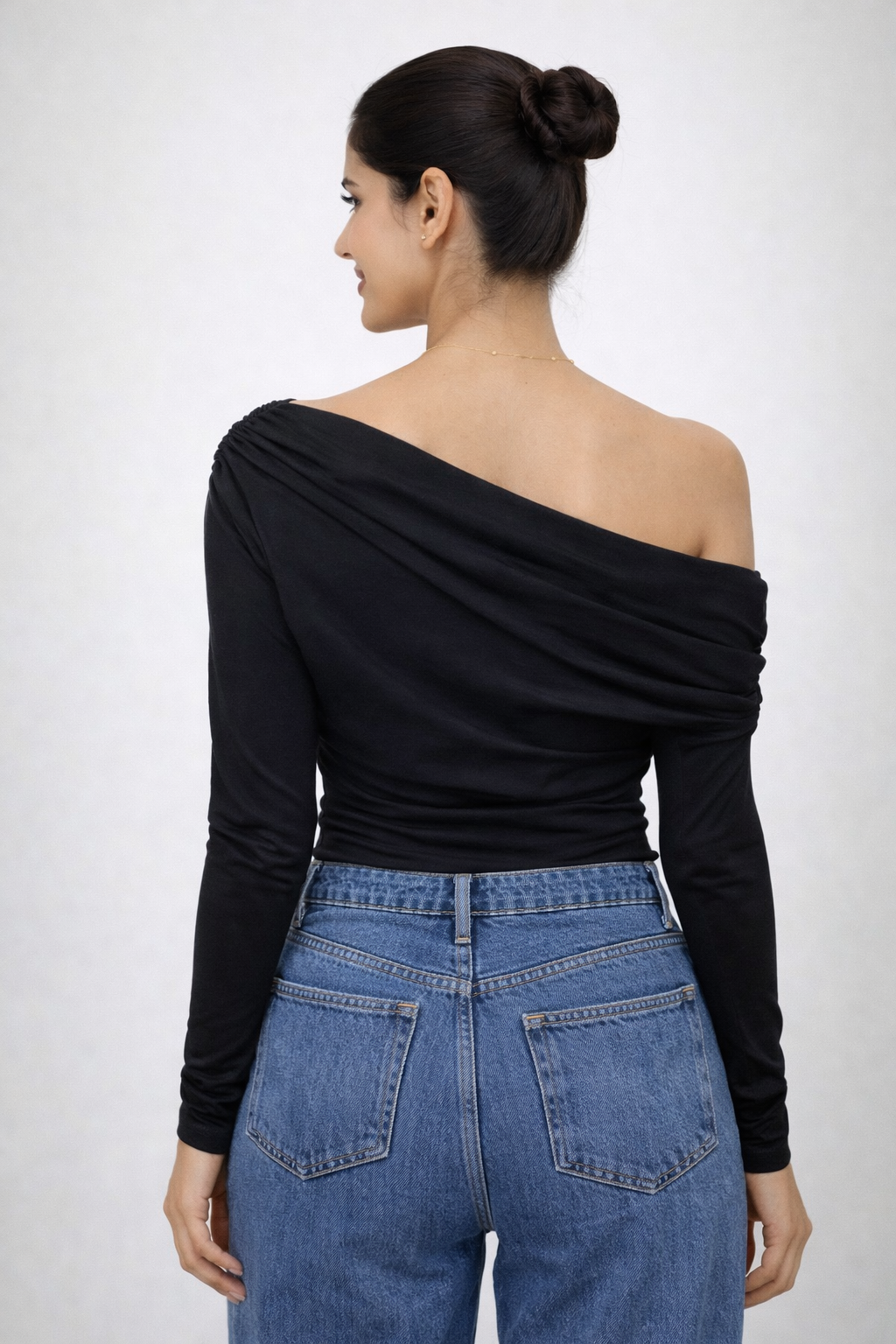 Solid Color Ruched Asymmetric Neckline Top