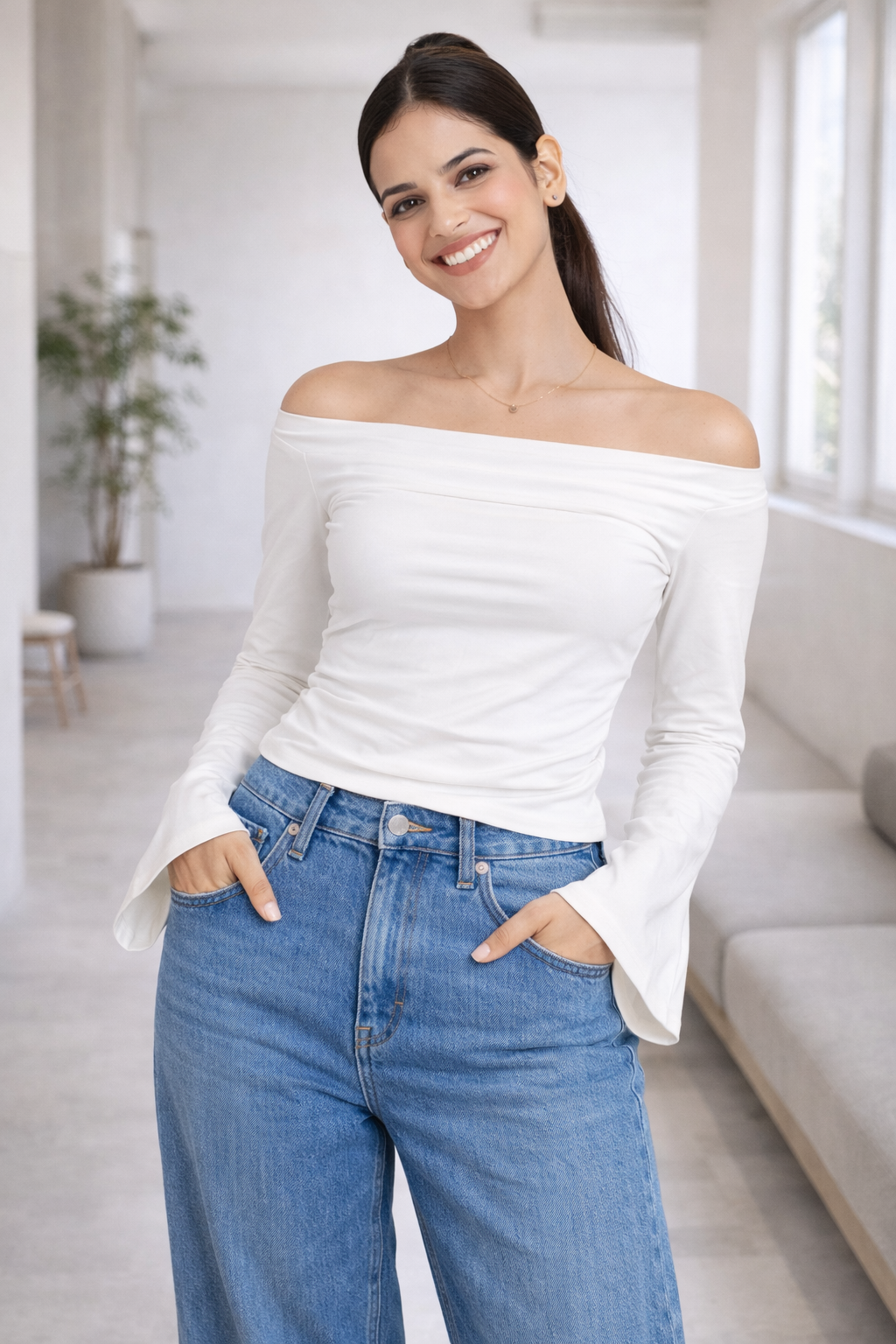 Boat Neck Ruched Shoulders Bell Sleeves Top