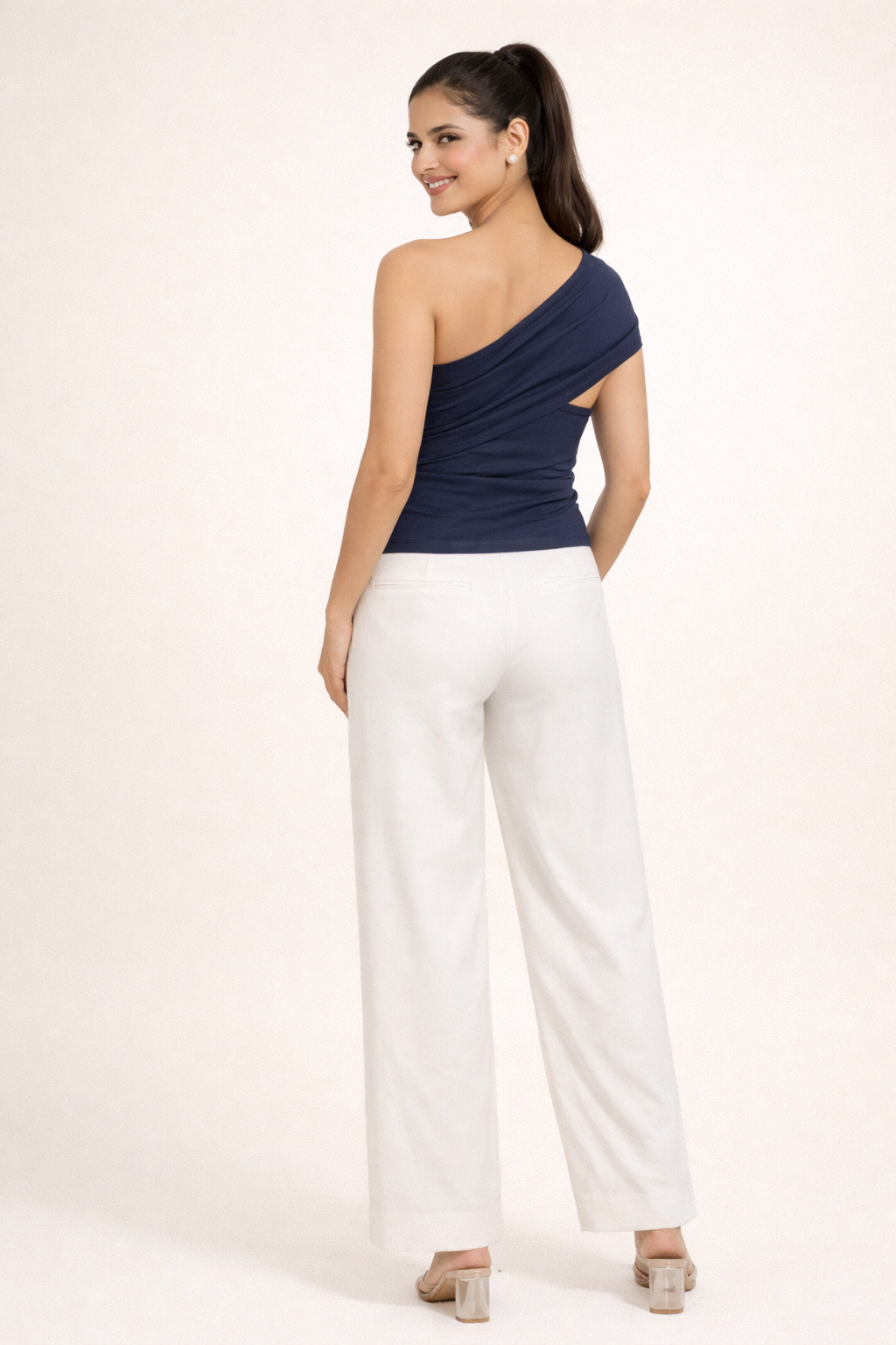 One Shoulder Drape Buckle Top - Blue