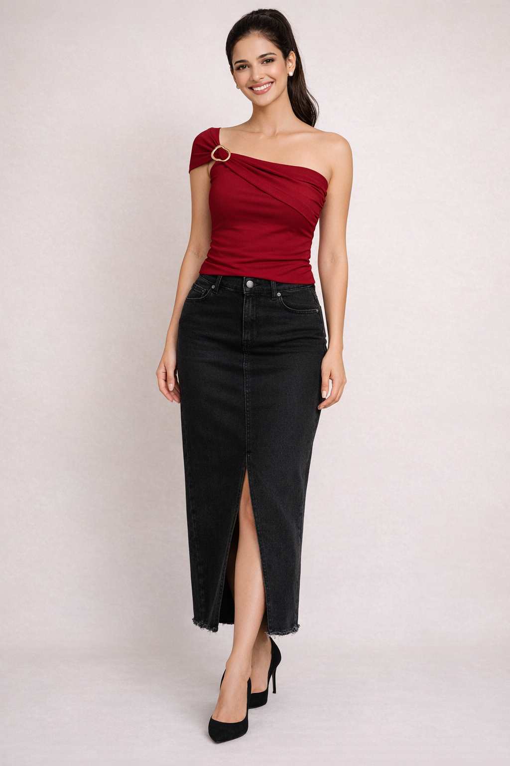 One Shoulder Drape Buckle Top - Wine Red